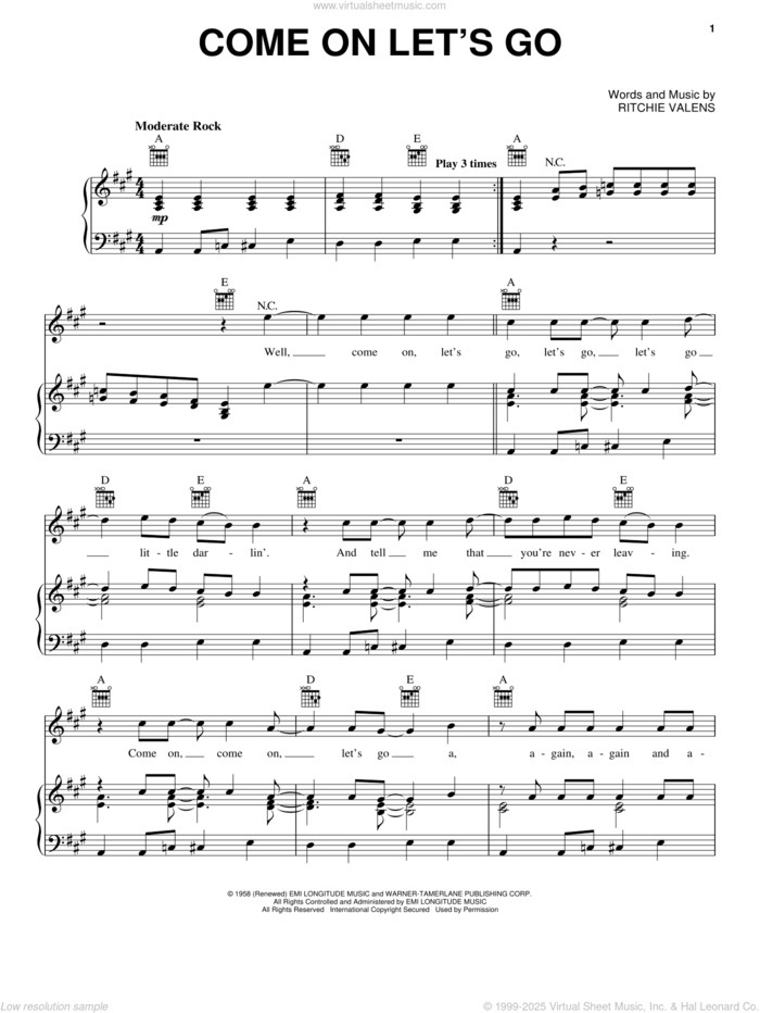 Come On Let's Go sheet music for voice, piano or guitar by Los Lobos, intermediate skill level