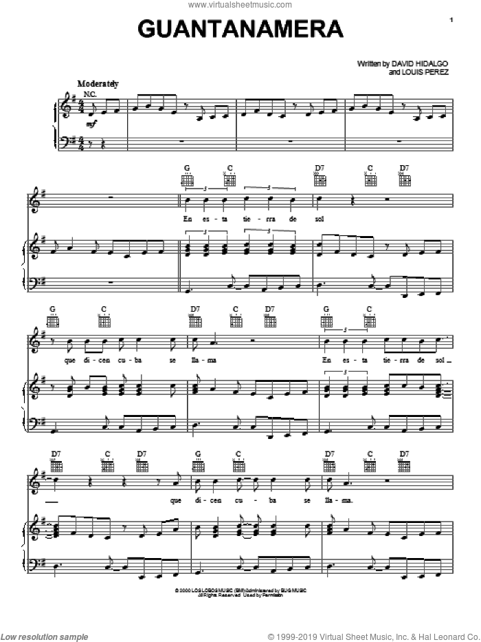 Guantanamera sheet music for voice, piano or guitar by Los Lobos, intermediate skill level