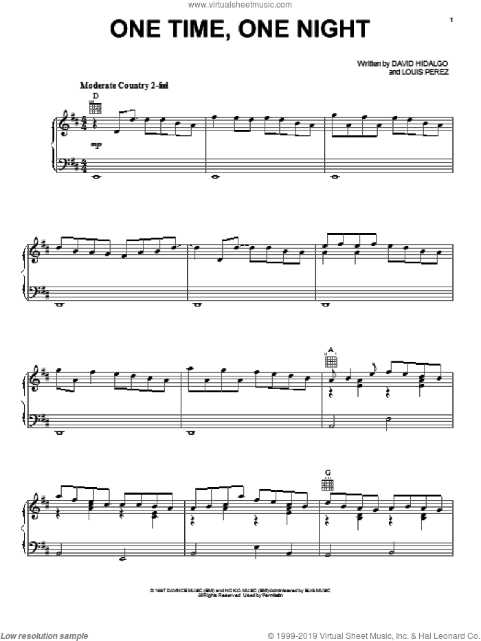 One Time, One Night sheet music for voice, piano or guitar by Los Lobos, intermediate skill level