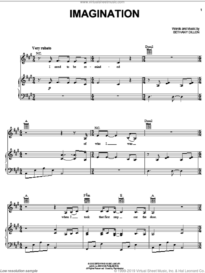 Imagination sheet music for voice, piano or guitar by Bethany Dillon, intermediate skill level