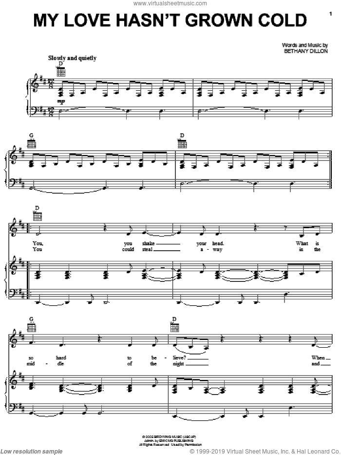 My Love Hasn't Grown Cold sheet music for voice, piano or guitar by Bethany Dillon, intermediate skill level