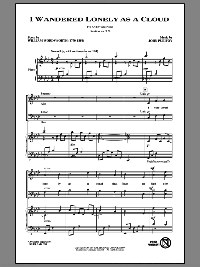 I Wandered Lonely As A Cloud sheet music for choir (SATB: soprano, alto, tenor, bass) by John Purifoy, intermediate skill level