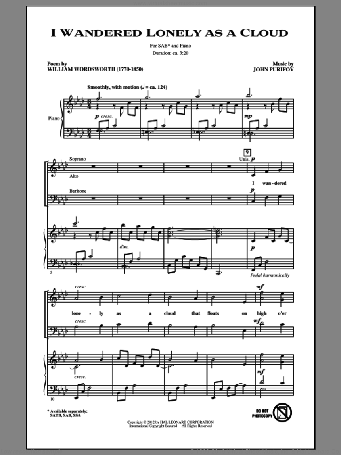 I Wandered Lonely As A Cloud sheet music for choir (SAB: soprano, alto, bass) by John Purifoy, intermediate skill level