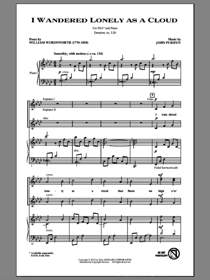 I Wandered Lonely As A Cloud sheet music for choir (SSA: soprano, alto) by John Purifoy, intermediate skill level