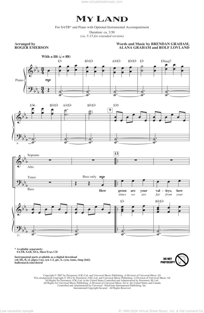 My Land (arr. Roger Emerson) sheet music for choir (SATB: soprano, alto, tenor, bass) by Celtic Thunder, Alana Graham, Brendan Graham, Rolf LAuvland, Rolf Lovland and Roger Emerson, intermediate skill level