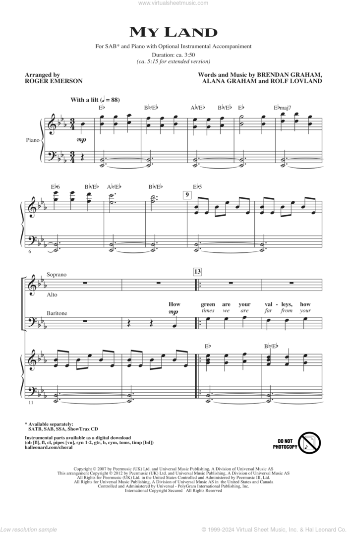 My Land (arr. Roger Emerson) sheet music for choir (SAB: soprano, alto, bass) by Celtic Thunder, Alana Graham, Brendan Graham, Rolf Lovland, Roger Emerson and Rolf LAuvland, intermediate skill level