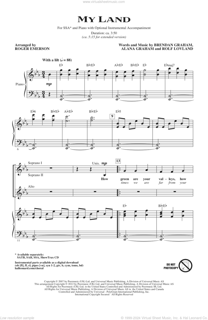 My Land (arr. Roger Emerson) sheet music for choir (SSA: soprano, alto) by Celtic Thunder, Alana Graham, Brendan Graham, Rolf Lovland, Roger Emerson and Rolf LAuvland, intermediate skill level