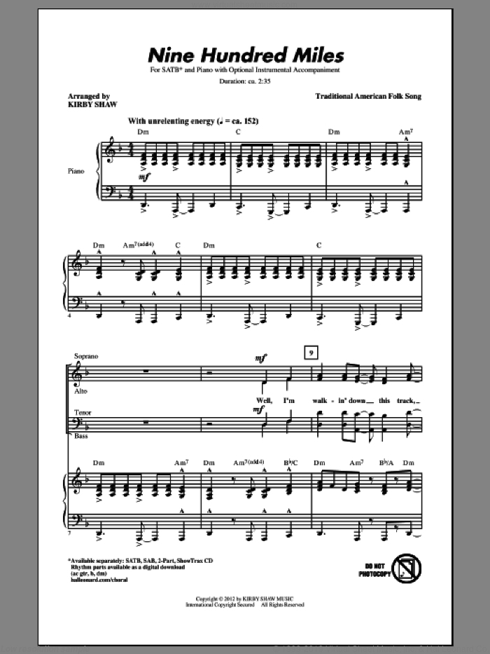 Nine Hundred Miles sheet music for choir (SATB: soprano, alto, tenor, bass) by Traditional American Folk Song and Kirby Shaw, intermediate skill level