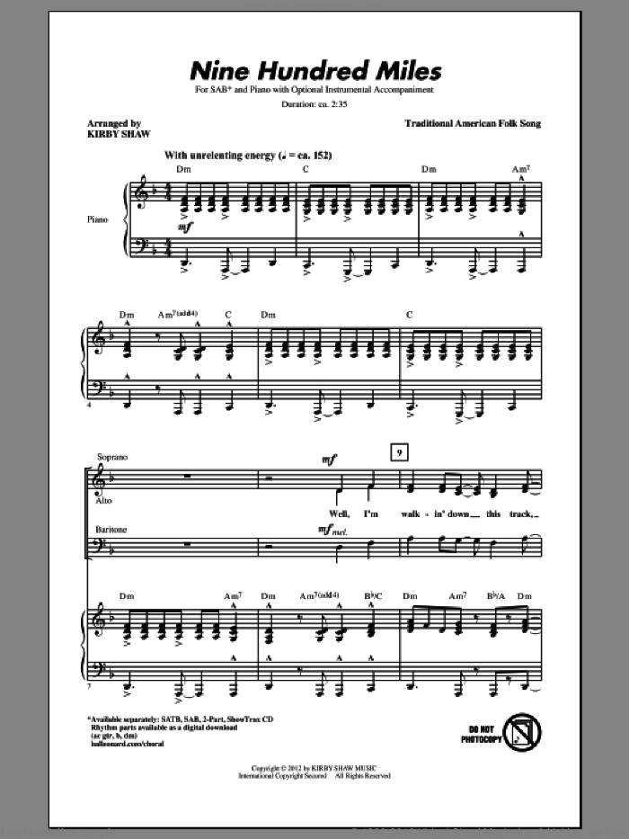 Nine Hundred Miles sheet music for choir (SAB: soprano, alto, bass) by Traditional American Folk Song and Kirby Shaw, intermediate skill level