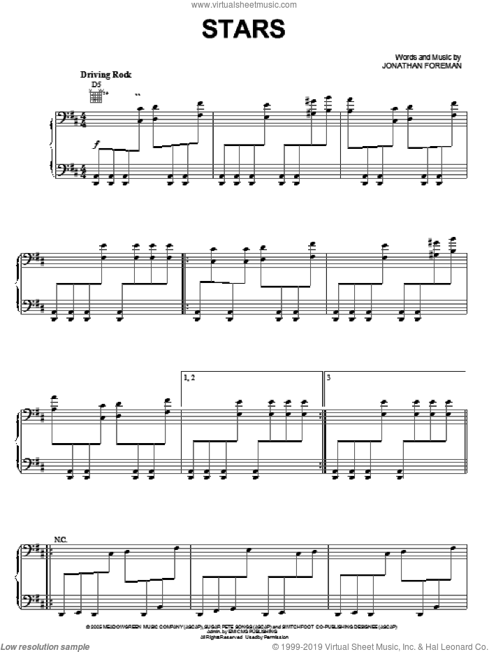 Stars sheet music for voice, piano or guitar by Switchfoot and Jonathan Foreman, intermediate skill level