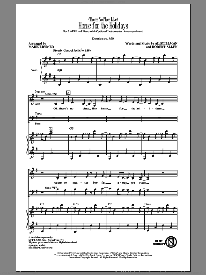 (There's No Place Like) Home For The Holidays sheet music for choir (SATB: soprano, alto, tenor, bass) by Mark Brymer, Al Stillman, Perry Como and Robert Allen, intermediate skill level