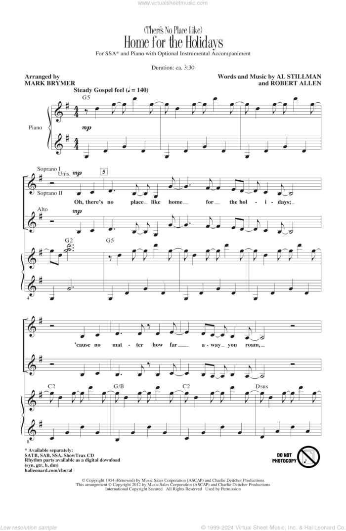 (There's No Place Like) Home For The Holidays sheet music for choir (SSA: soprano, alto) by Mark Brymer, Al Stillman, Perry Como and Robert Allen, intermediate skill level