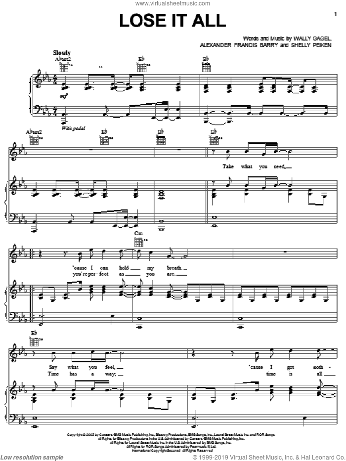 Lose It All sheet music for voice, piano or guitar by Backstreet Boys, Alexander Francis Barry, Shelly Peiken and Wally Gagel, intermediate skill level