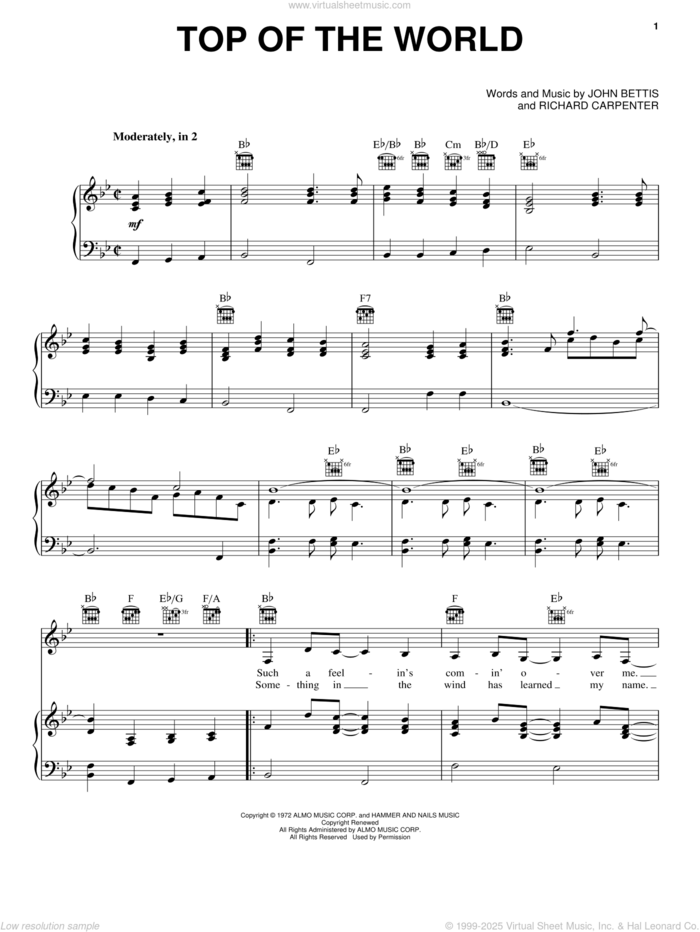 Top Of The World Sheet Music | The Carpenters | Ukulele Chords/Lyrics