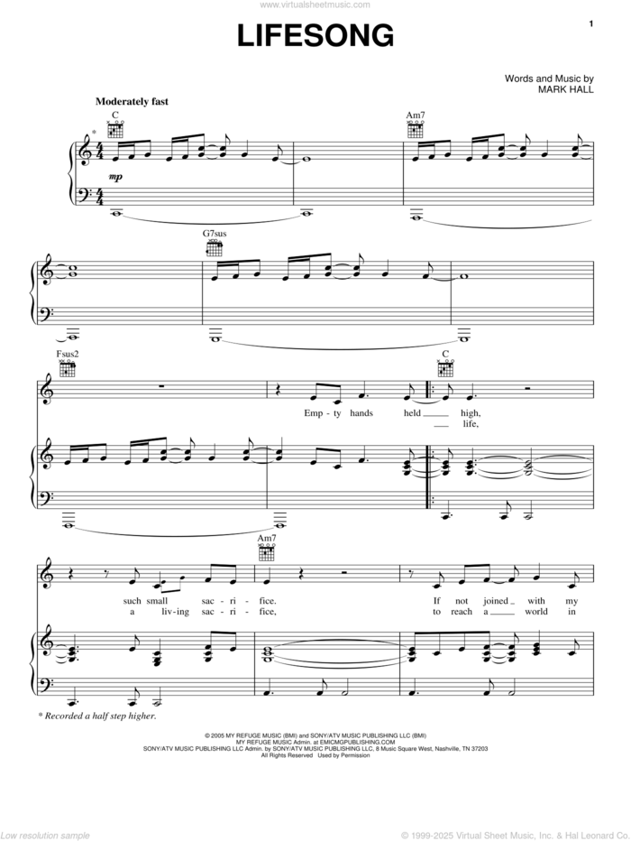 Lifesong sheet music for voice, piano or guitar by Casting Crowns and Mark Hall, intermediate skill level