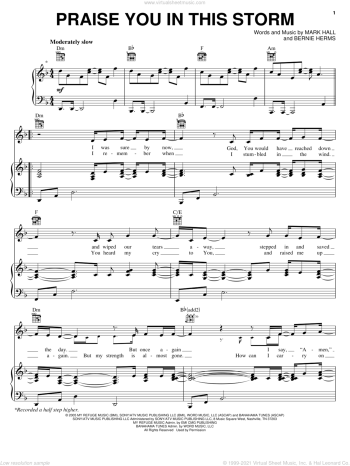 Praise You In This Storm sheet music for voice, piano or guitar by Casting Crowns, Bernie Herms and Mark Hall, intermediate skill level