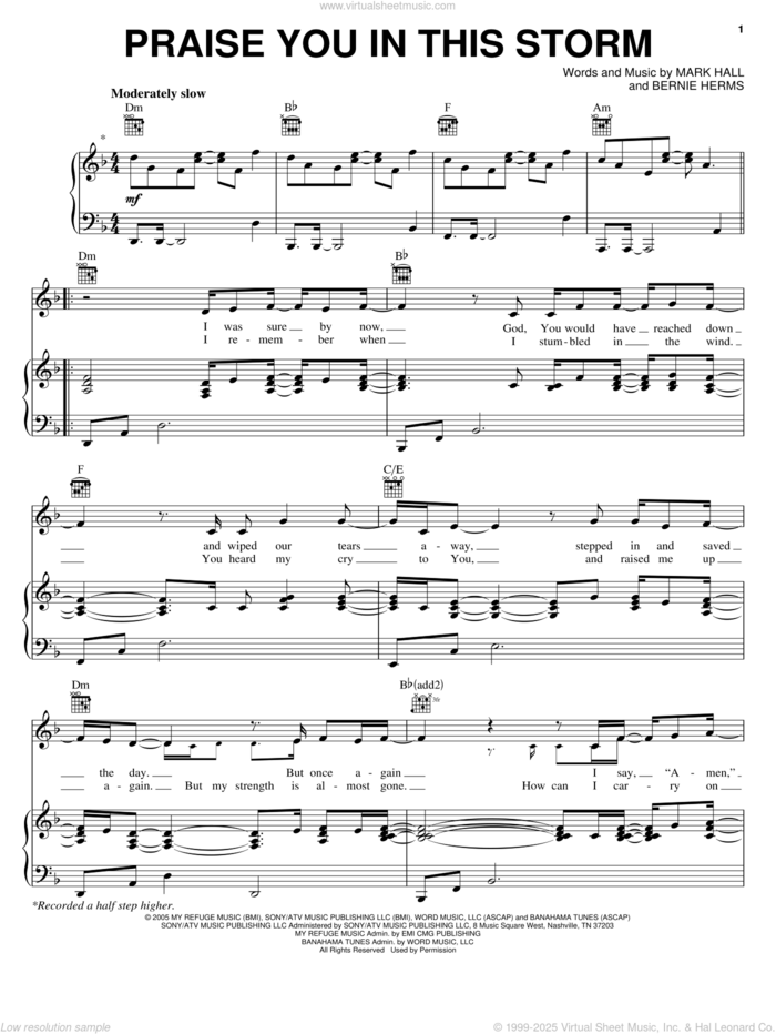 Praise You In This Storm sheet music for voice, piano or guitar by Casting Crowns, Bernie Herms and Mark Hall, intermediate skill level