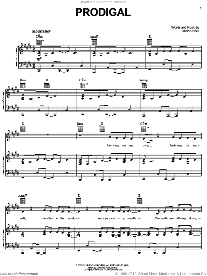 Prodigal sheet music for voice, piano or guitar by Casting Crowns and Mark Hall, intermediate skill level