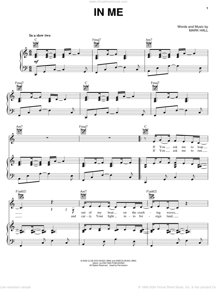 In Me sheet music for voice, piano or guitar by Casting Crowns and Mark Hall, intermediate skill level