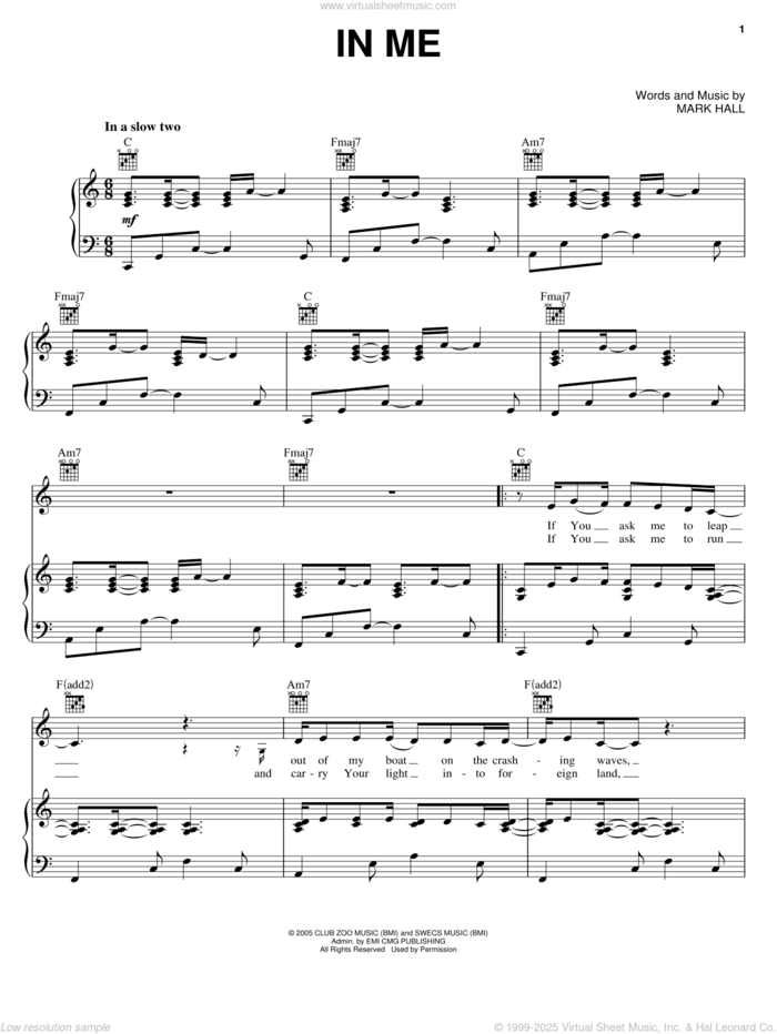 In Me sheet music for voice, piano or guitar by Casting Crowns and Mark Hall, intermediate skill level