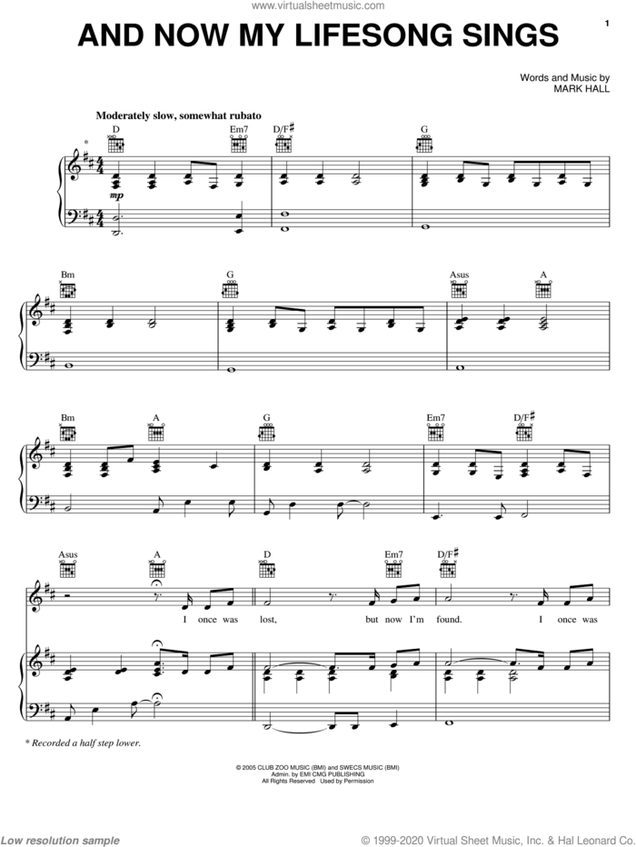 And Now My Lifesong Sings sheet music for voice, piano or guitar by Casting Crowns and Mark Hall, intermediate skill level
