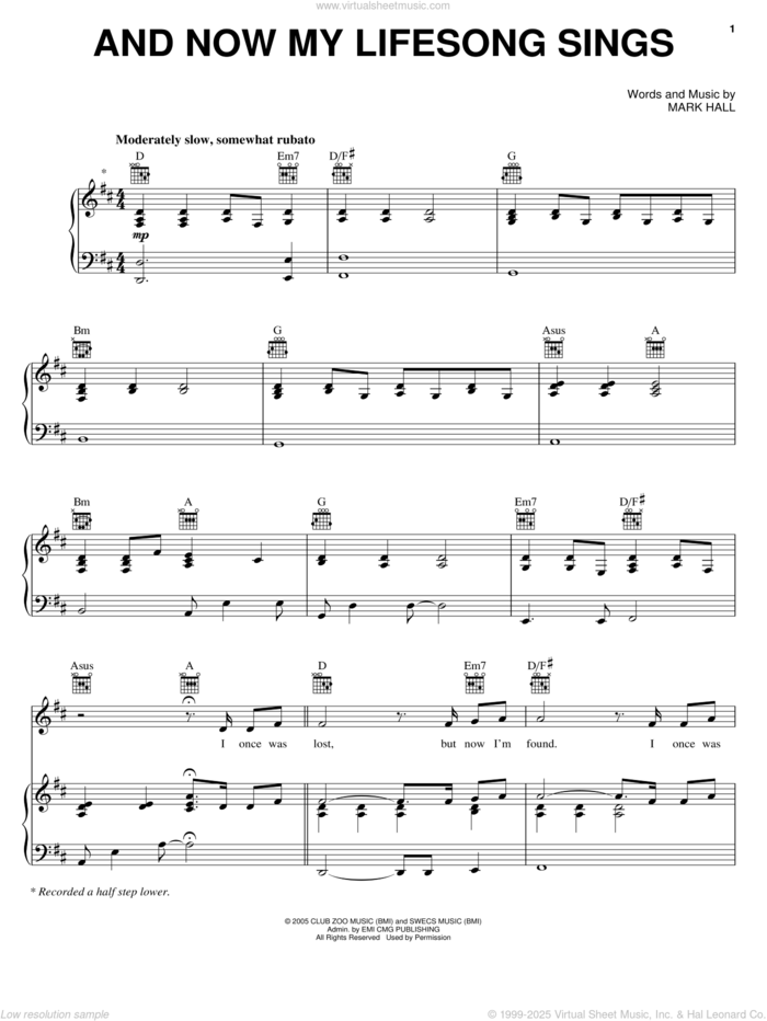 And Now My Lifesong Sings sheet music for voice, piano or guitar by Casting Crowns and Mark Hall, intermediate skill level