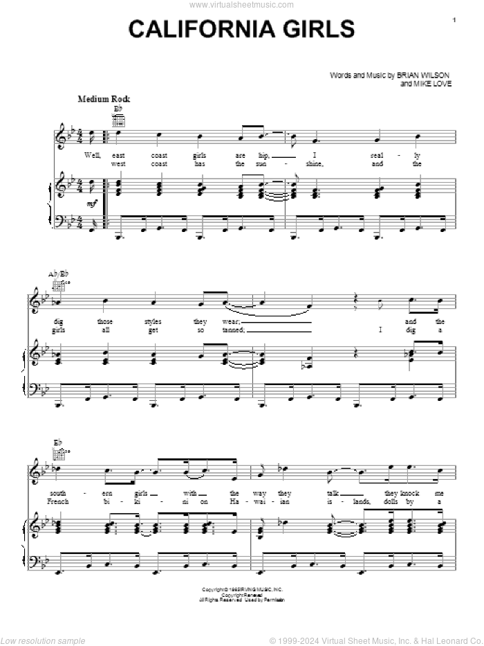 California Girls sheet music for voice, piano or guitar by The Beach Boys, David Lee Roth, Brian Wilson and Mike Love, intermediate skill level
