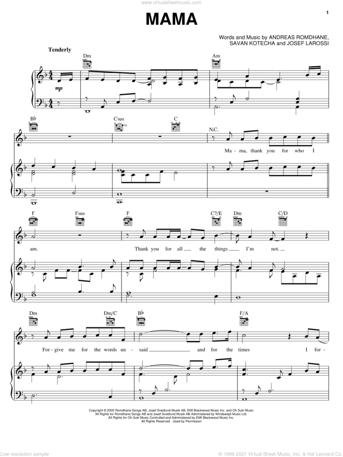 Mama sheet music for voice, piano or guitar by Il Divo, Andreas Romdhane, Josef Larossi and Savan Kotecha, intermediate skill level