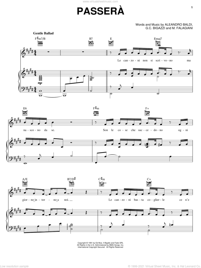 Passera sheet music for voice, piano or guitar by Il Divo, Aleandro Baldi, G.C. Bigazzi and Marco Falagiani, intermediate skill level