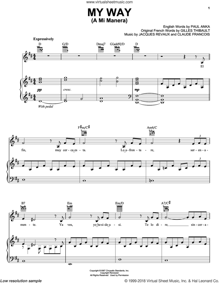 My Way (A Mi Manera) sheet music for voice, piano or guitar by Il Divo, Elvis Presley, Frank Sinatra, Claude Francois, Gilles Thibault, Jacques Revaux and Paul Anka, intermediate skill level