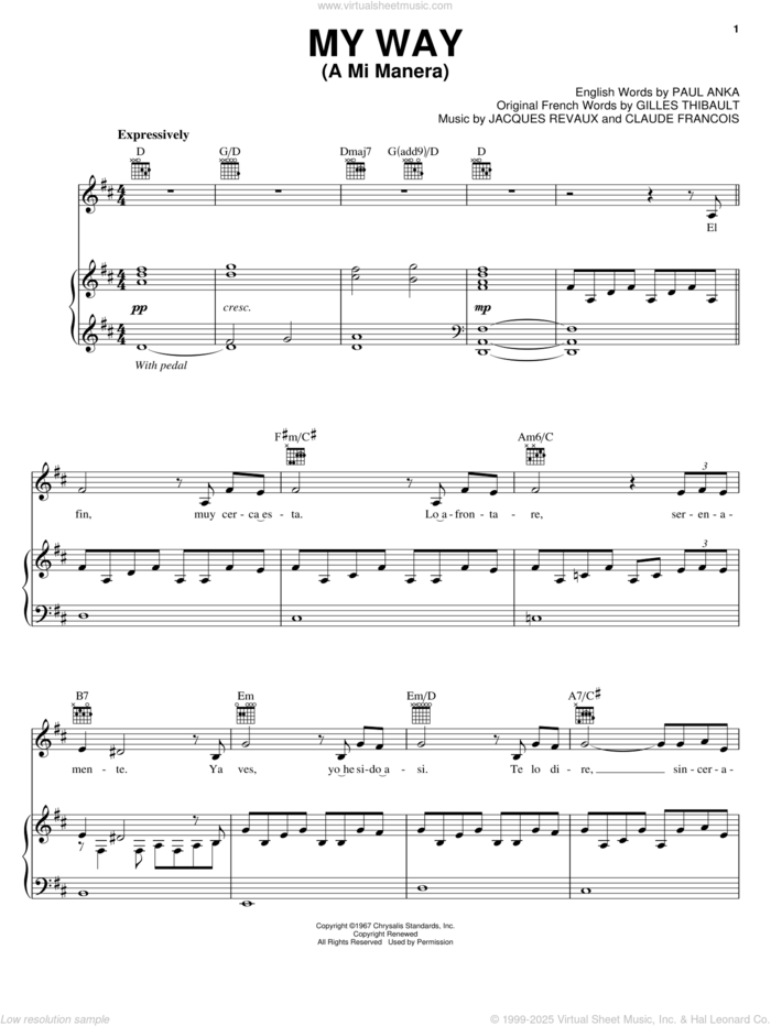 My Way (A Mi Manera) sheet music for voice, piano or guitar by Il Divo, Elvis Presley, Frank Sinatra, Claude Francois, Gilles Thibault, Jacques Revaux and Paul Anka, intermediate skill level