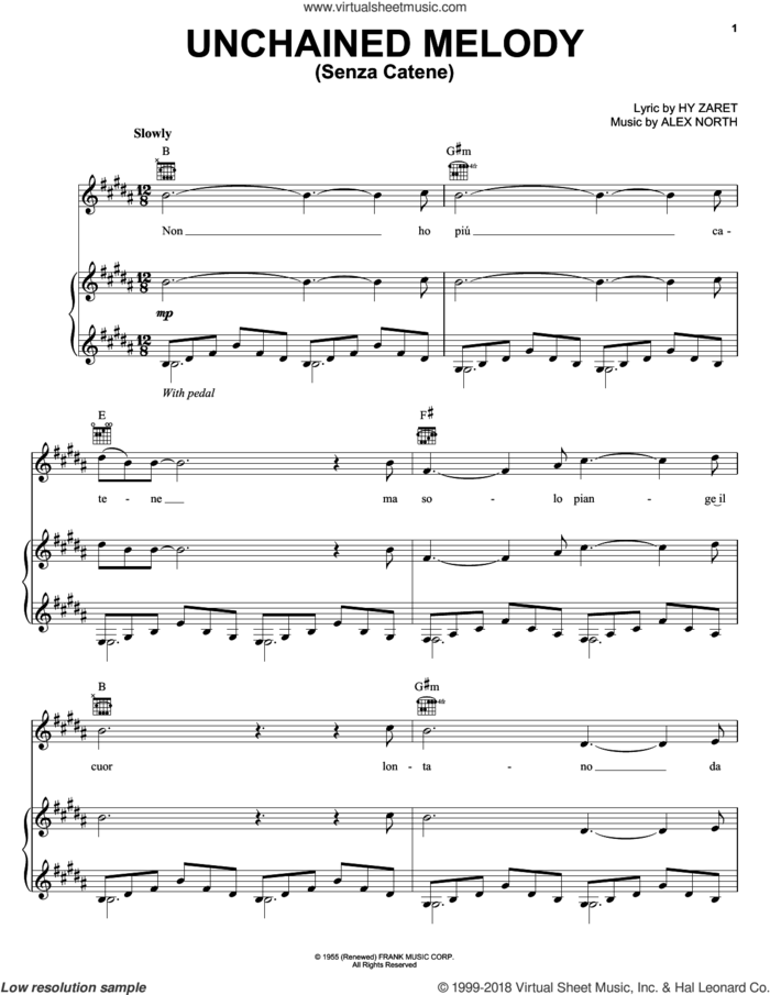 Unchained Melody (Senza Catene) sheet music for voice, piano or guitar by Il Divo, Al Hibbler, Elvis Presley, Les Baxter, The Righteous Brothers, Alex North and Hy Zaret, wedding score, intermediate skill level