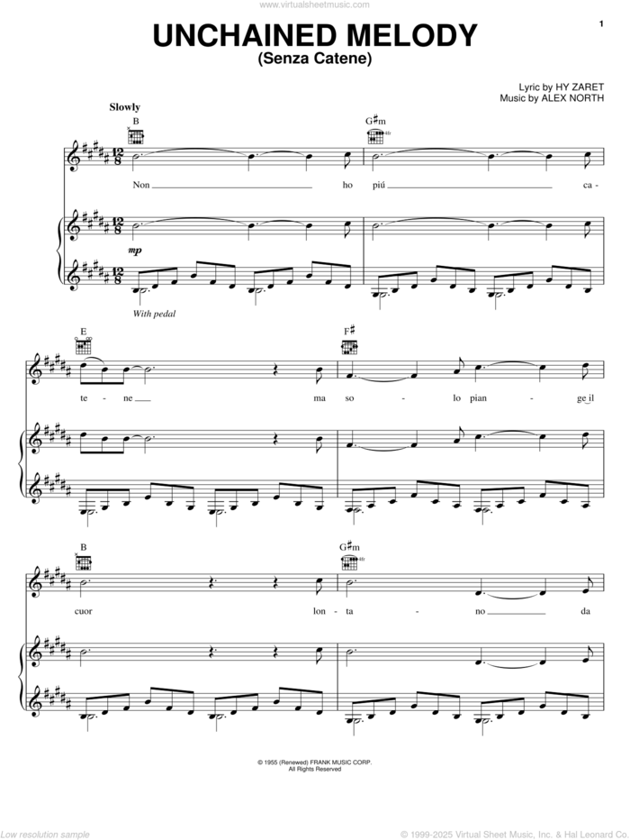 Unchained Melody (Senza Catene) sheet music for voice, piano or guitar by Il Divo, Al Hibbler, Elvis Presley, Les Baxter, The Righteous Brothers, Alex North and Hy Zaret, wedding score, intermediate skill level