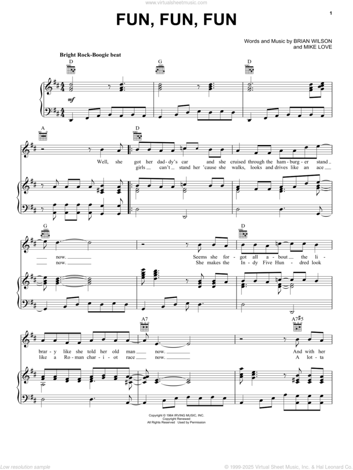 Fun, Fun, Fun sheet music for voice, piano or guitar by The Beach Boys, Brian Wilson and Mike Love, intermediate skill level