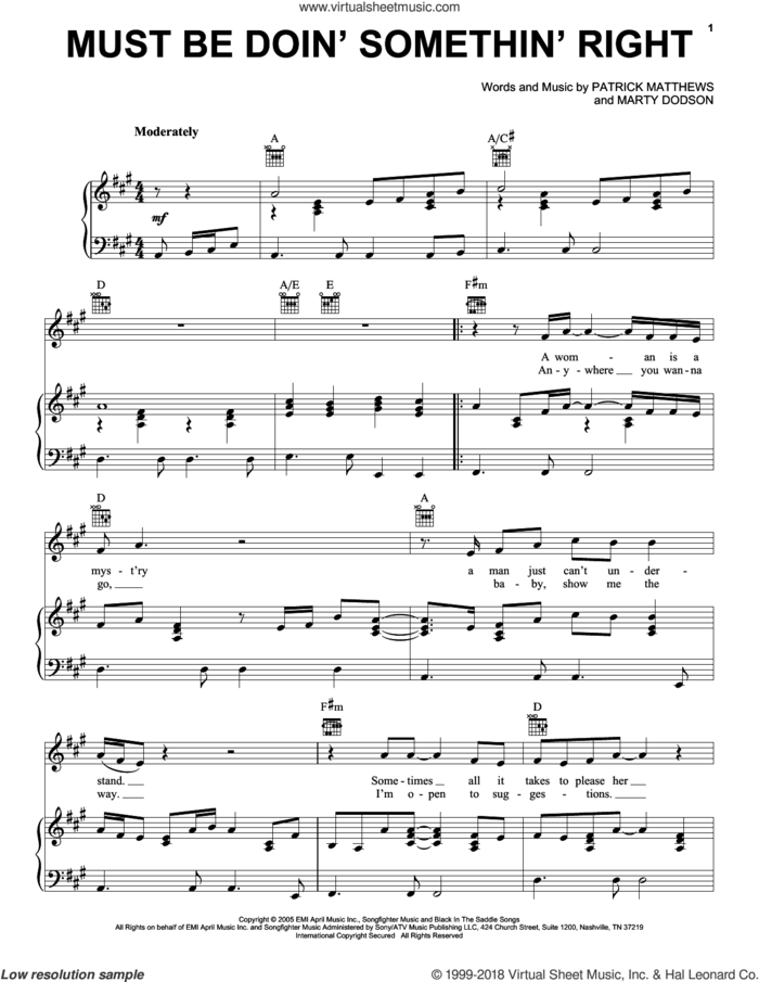 Must Be Doin' Somethin' Right sheet music for voice, piano or guitar by Billy Currington, Martin Dodson and Patrick Matthews, intermediate skill level