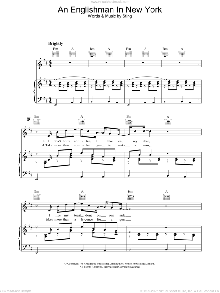 Englishman In New York sheet music for voice, piano or guitar by Sting, intermediate skill level