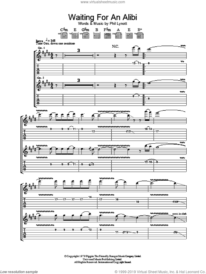 Waiting For An Alibi sheet music for guitar (tablature) by Thin Lizzy and Phil Lynott, intermediate skill level