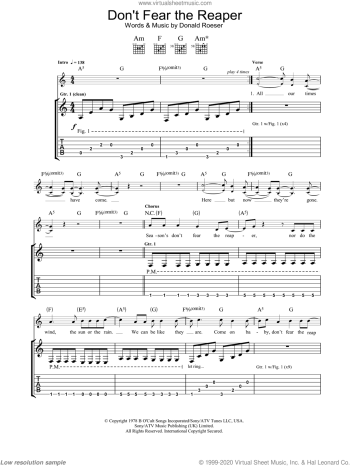 (Don't Fear) The Reaper sheet music for guitar (tablature) by Blue Oyster Cult and Donald Roeser, intermediate skill level
