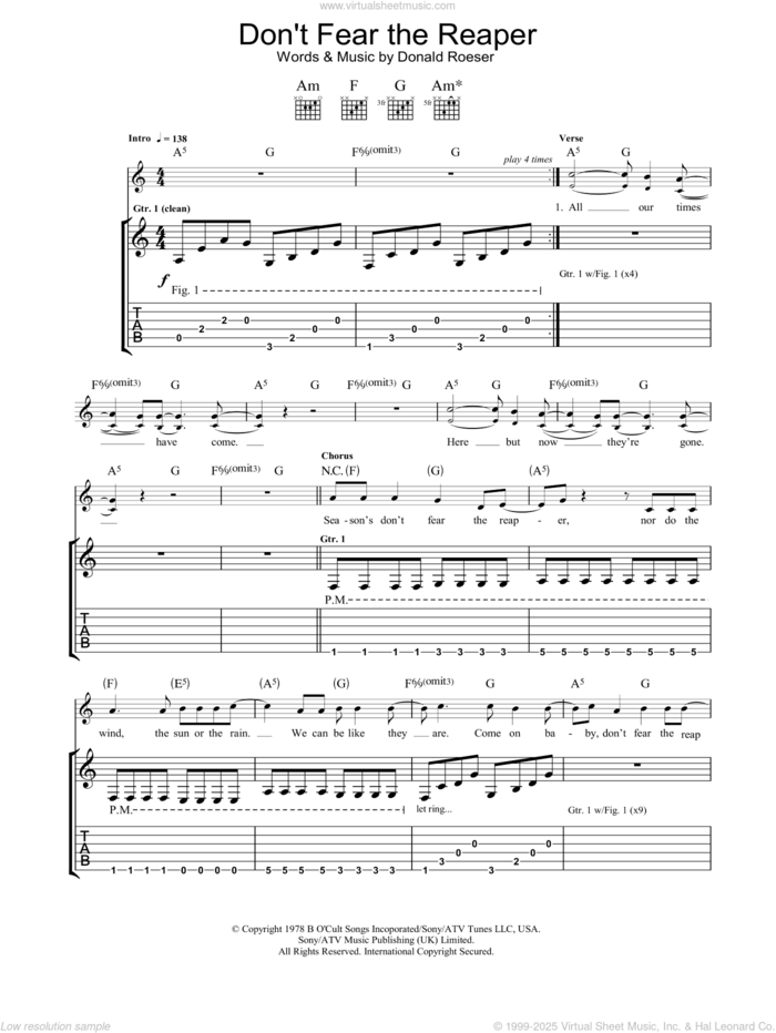 (Don't Fear) The Reaper sheet music for guitar (tablature) by Blue Oyster Cult and Donald Roeser, intermediate skill level