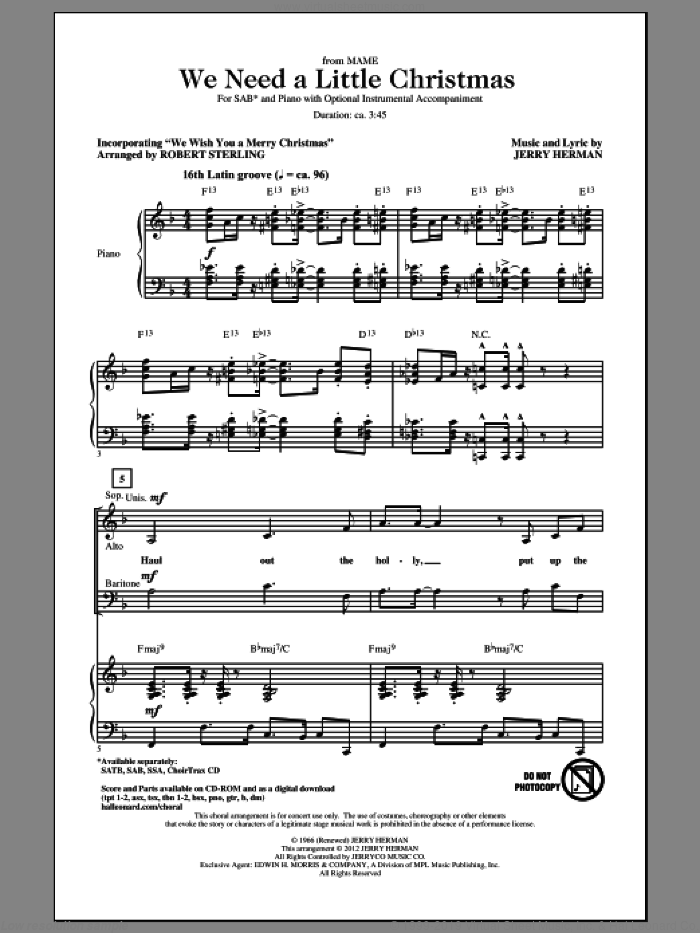 We Need A Little Christmas sheet music for choir (SAB: soprano, alto, bass) by Jerry Herman and Robert Sterling, intermediate skill level