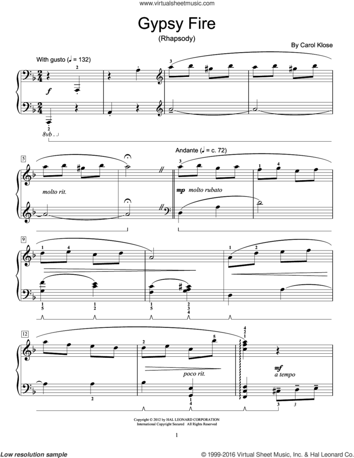 Gypsy Fire sheet music for piano solo (elementary) by Carol Klose and Miscellaneous, beginner piano (elementary)