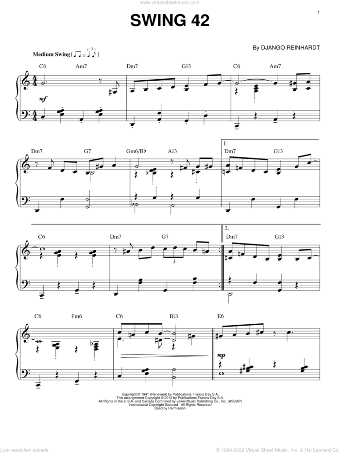 Swing 42 (arr. Brent Edstrom) sheet music for piano solo by Django Reinhardt, intermediate skill level