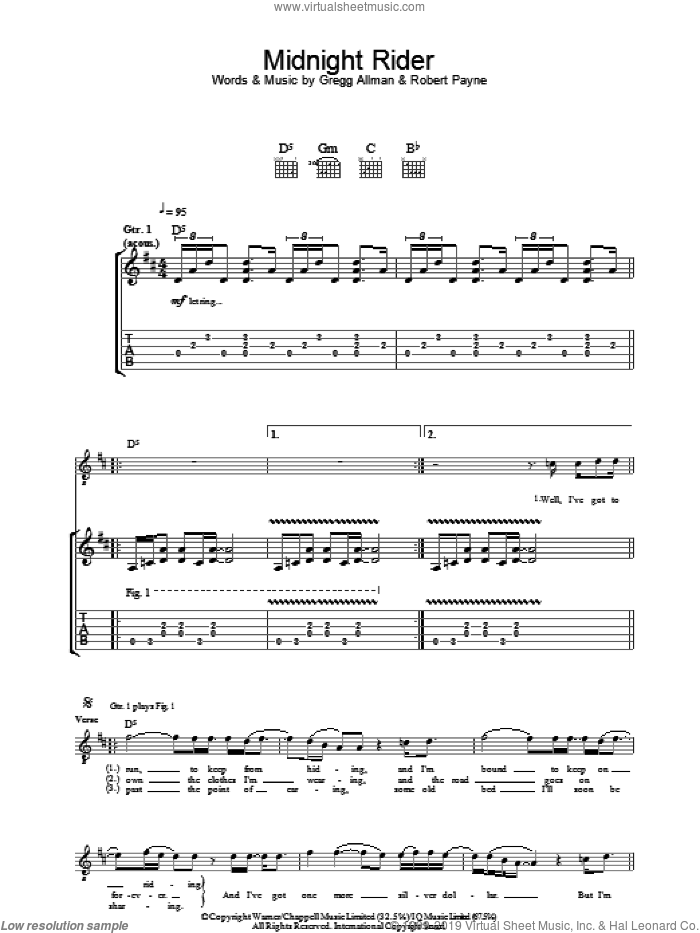 Midnight Rider sheet music for guitar (tablature) by The Allman Brothers Band, Allman Brothers Band, Gregg Allman and Robert Payne, intermediate skill level