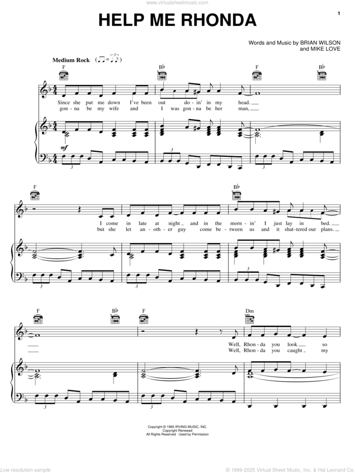 Help Me Rhonda sheet music for voice, piano or guitar by The Beach Boys, Brian Wilson and Mike Love, intermediate skill level