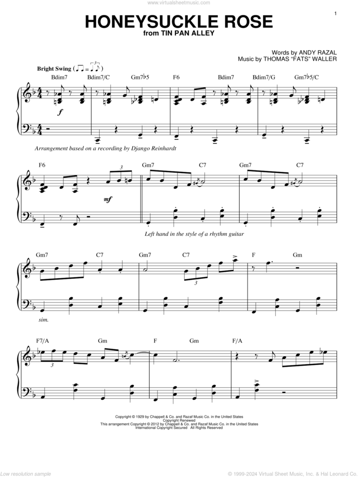 Honeysuckle Rose (arr. Brent Edstrom) sheet music for piano solo by Django Reinhardt, intermediate skill level