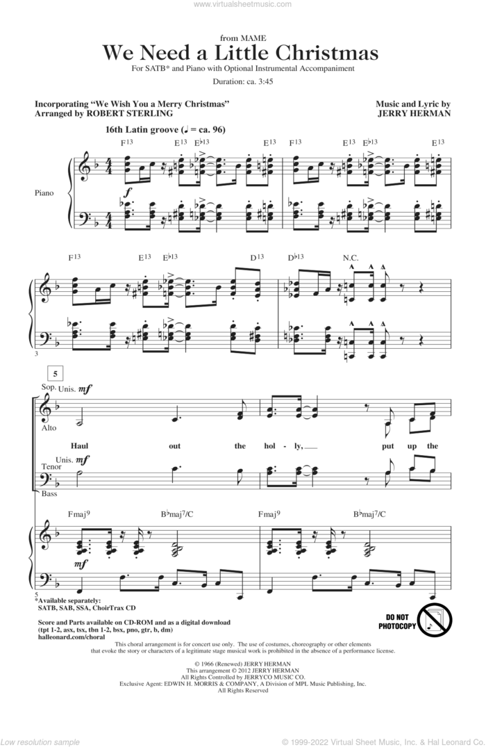 We Need A Little Christmas sheet music for choir (SATB: soprano, alto, tenor, bass) by Jerry Herman and Robert Sterling, intermediate skill level