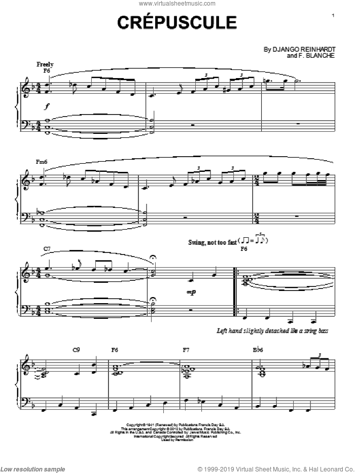 Crepuscule (arr. Brent Edstrom) sheet music for piano solo by Django Reinhardt, intermediate skill level