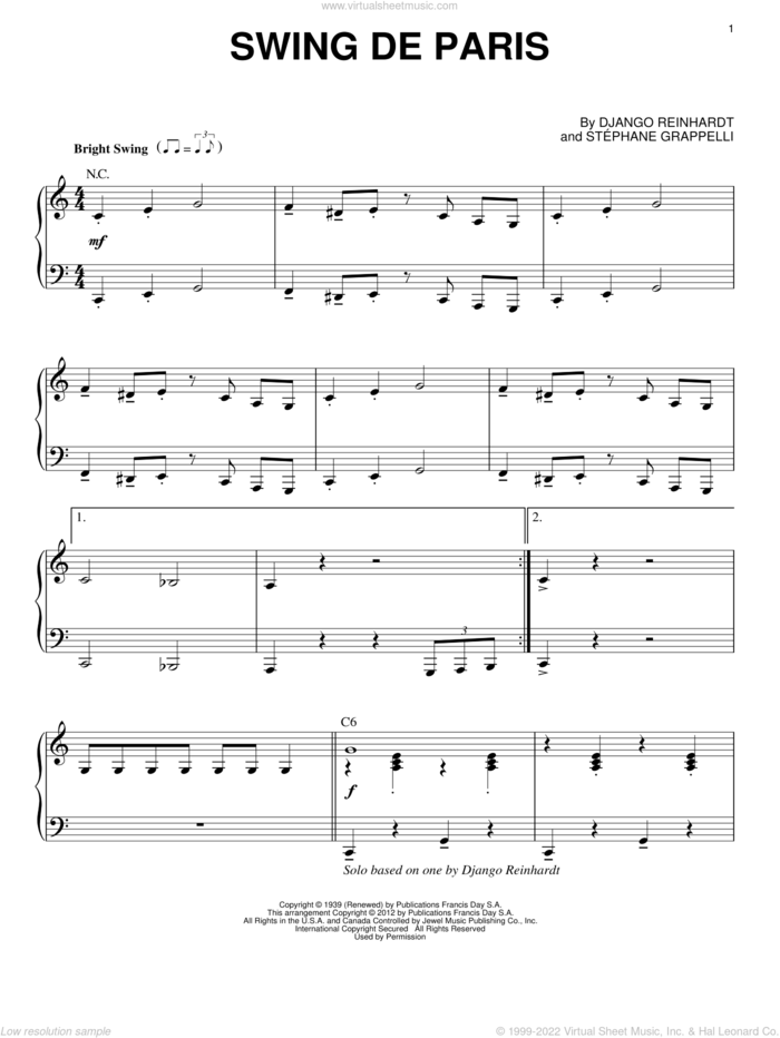 Swing De Paris (arr. Brent Edstrom) sheet music for piano solo by Django Reinhardt, intermediate skill level
