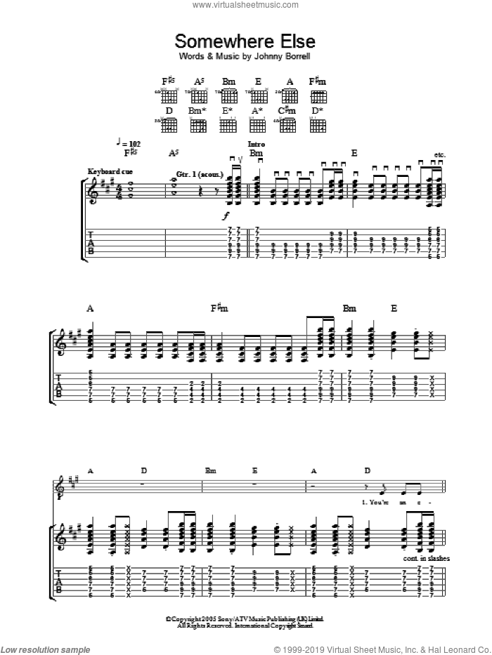 Somewhere Else sheet music for guitar (tablature) by Razorlight and Johnny Borrell, intermediate skill level