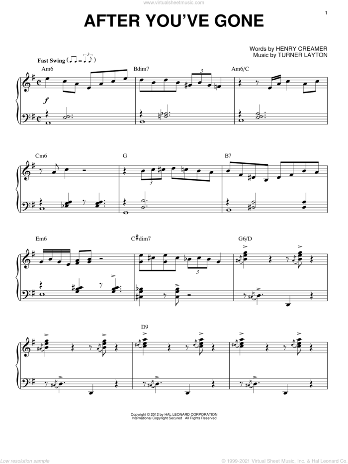 After You've Gone (arr. Brent Edstrom) sheet music for piano solo by Django Reinhardt, Henry Creamer and Turner Layton, intermediate skill level